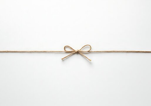 A simple brown twine bow on a plain white background