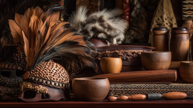 Ultra-realistic close-up photograph of traditional Hawaiian artifacts from King Kamehameha's era - feathered helmets, wooden weapons, tapa cloth, koa wood containers - museum quality display
