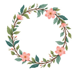 Naklejka premium Floral Wreath with Pink Blossoms and Green Leaves in Circular Arrangement