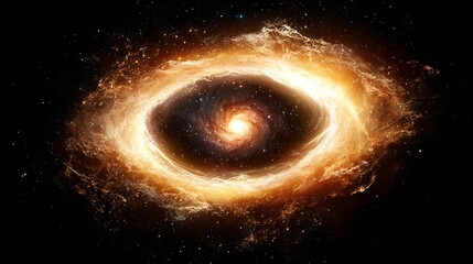 Fototapeta premium Space galaxy hidden. A glowing, spiral galaxy with a fiery ring, resembling an eye, set against a star-filled space background.
