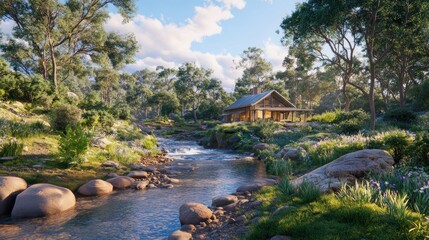 Cozy cabin by a flowing river amidst a lush forest on a bright day. Great for nature ads