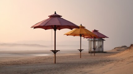 Serene beach umbrellas at foggy dawn