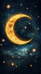 Naklejka premium Space galaxy hidden. A glowing crescent moon surrounded by sparkling stars in a deep, starry night sky.