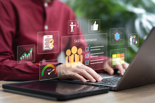 Skill performance of human resources concept, Businesswoman management for Employee skills, Work development and business target, Improving work efficiency and developing the organisation sustainably