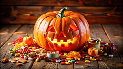 A grinning jack-o-lantern with a flickering candle inside sits amidst a colorful assortment of candy, a small pumpkin, and a mug filled with a warm beverage, all on a rustic wooden table.