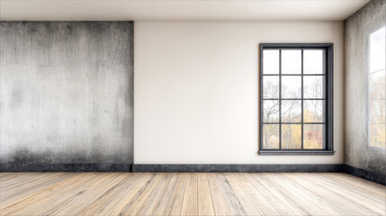 Minimalist interior of an empty room with wooden floor and large window showcasing outdoor view