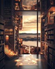 Cozy library view with distant city and sunset, ideal for inspiring reading and knowledge