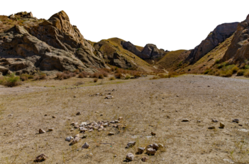 Arid Rocky Mountain Landscape with Dry Slopes, Boulders, and Vegetation under Harsh Sunlight in Remote Region. cut out object with transparent background