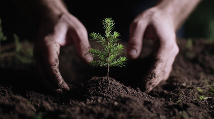A small tree sapling planted in fresh soil with human hands, Earth focus,