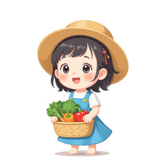 Happy Girl with Fresh Vegetables in Basket, Farming, Blue Apron, Straw Hat, Harvest Joy