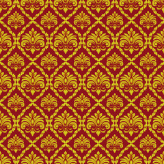 Damask seamless pattern with golden abstract flowers and red background, vintage design, luxury style, vector Illustration elegant for textile, wall paper, curtains, cushion cover, rug, scarf, decor