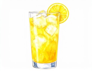 Refreshing drink tall glass of ice-filled yellow liquid, adorned with a lemon slice on a white background