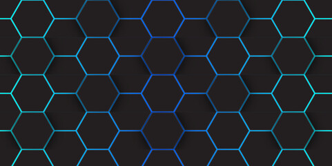 Abstract Rainbow Curves and blue Glowing Hex Pattern. Abstract Modern Digital Tech Art. abstract hexagon background.