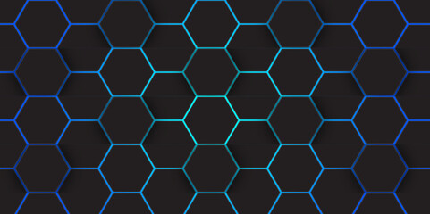 Abstract Rainbow Curves and blue Glowing Hex Pattern. Abstract Modern Digital Tech Art. abstract hexagon background.