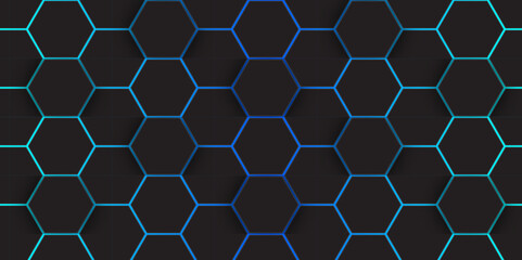 Abstract Rainbow Curves and blue Glowing Hex Pattern. Abstract Modern Digital Tech Art. abstract hexagon background.