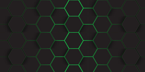 Abstract Futuristic green glowing hexagonal pattern on dark background. abstract technology design with dark hexagon. 