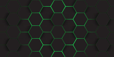 Abstract Futuristic green glowing hexagonal pattern on dark background. abstract technology design with dark hexagon. 