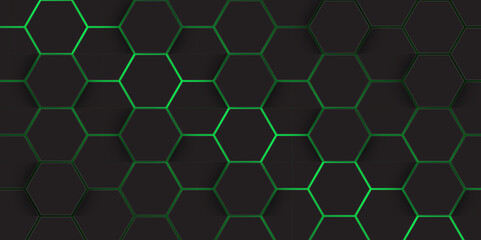Fototapeta premium Abstract Futuristic green glowing hexagonal pattern on dark background. abstract technology design with dark hexagon. 