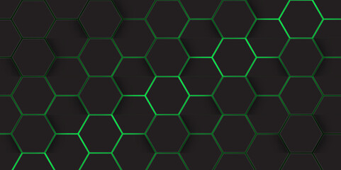 Abstract Futuristic green glowing hexagonal pattern on dark background. abstract technology design with dark hexagon. 