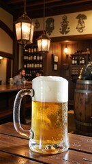 A glass of beer is sitting on a wooden table