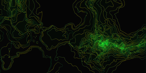 Abstract Black background with wavy green neon lines that resemble the pattern of the leaves of the plant. Abstract gradient wavy line background.