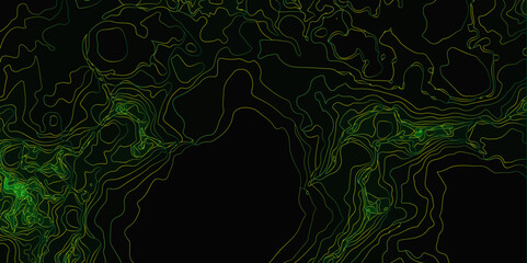 Abstract Black background with wavy green neon lines that resemble the pattern of the leaves of the plant. Abstract gradient wavy line background.