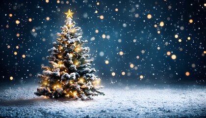 Obraz premium Snowy Christmas tree bathed in golden light against a dark night sky.