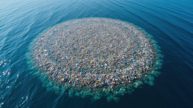 image depicts large accumulation of plastic waste floating ocean, forming circular shape. This environmental issue highlights impact of pollution