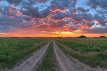 Sunset Over Farmland With Clouded Sky and Dirt Road, Capturing Serene Rural Landscape in Evening Light