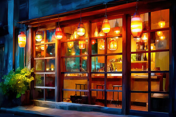 Fototapeta premium Cozy Japanese cafe at night, illuminated by soft lanterns, creating warm and inviting atmosphere