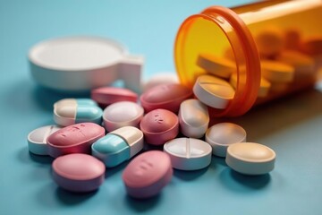 Close-up of various prescription pills in a bottle, organized and labeled , dispensing, supplements