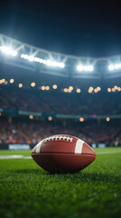 close up view of football resting on grass, illuminated by stadium lights, capturing excitement of game night