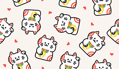 Cute maneki neko lucky cat pattern background vector design