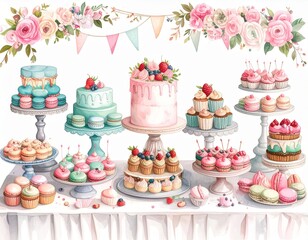 Festive dessert table laden with cakes, cupcakes, & macarons under floral garland decorations