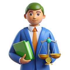 3D Cartoon Lawyer Holding Scales of Justice and Book