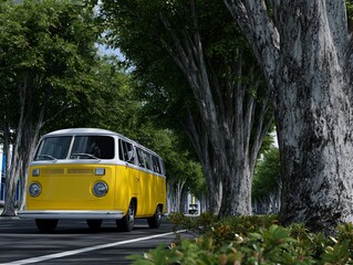 Fototapeta premium Yellow vintage van drives through a tree-lined road. Lush green trees line a paved road