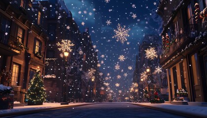 Festive winter street scene under a snowy night sky.