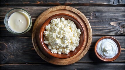 A bowl of cottage cheese on a wooden table, surrounded by milk and sour cream in separate bowls.