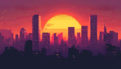 Fototapeta premium Pixelated cityscape at sunset, vibrant colors and silhouettes.