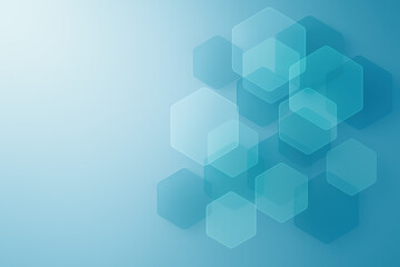 Overlapping translucent hexagons in cool blue and vibrant teal tones create a gradient backdrop symbolizing business strategy and decision-making efficiency for innovation