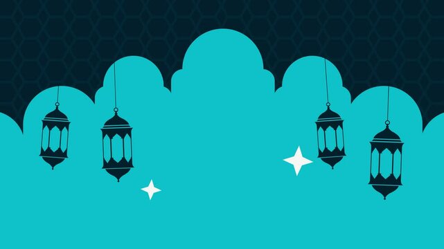 Animation ramadan eid celebration islamic minar banner poster background design with islamic lantern light