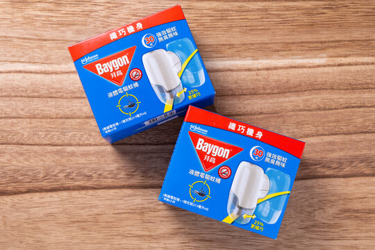 Zhongshan,China-June 10,2025: Baygon electric liquid mosquito repellent at horizontal composition.