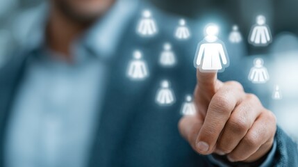 Modern Business Analyst Segmenting Customer Data on in Daytime Office Setting. Businessman points his index finger at the person icon, indicating target audience.