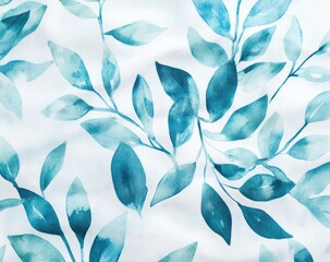 Soft, light blue leaves on a white fabric. Delicate watercolor-like design with varying shades of teal.  Fabric texture is visible