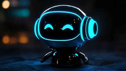 Cute happy robot character design with neon blue lights digital art illustration 3d fun cool image