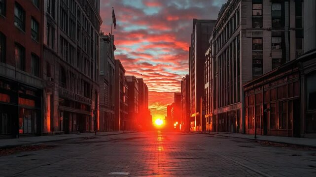 Stunning sunset view over an empty urban street lined with historic buildings and dramatic skies.
