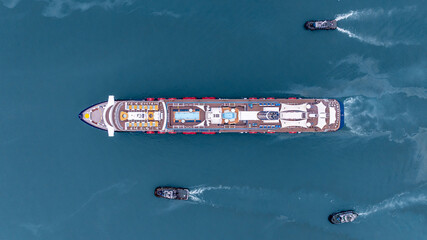Aerial view luxury ocean cruise ship on clam blue sea, Elegant modern travel lifestyle, Luxury...