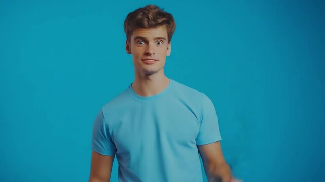 Young man with brown hair stands against a bright blue background, wearing a light blue shirt he raises his right hand