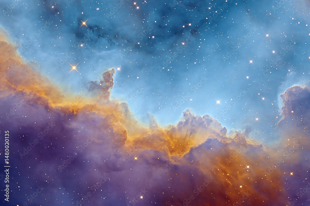 Wall mural colorful nebula view showcasing vibrant gases and stars against a deep blue and orange background in