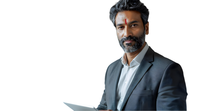 Confident businessman holding tablet. (1)